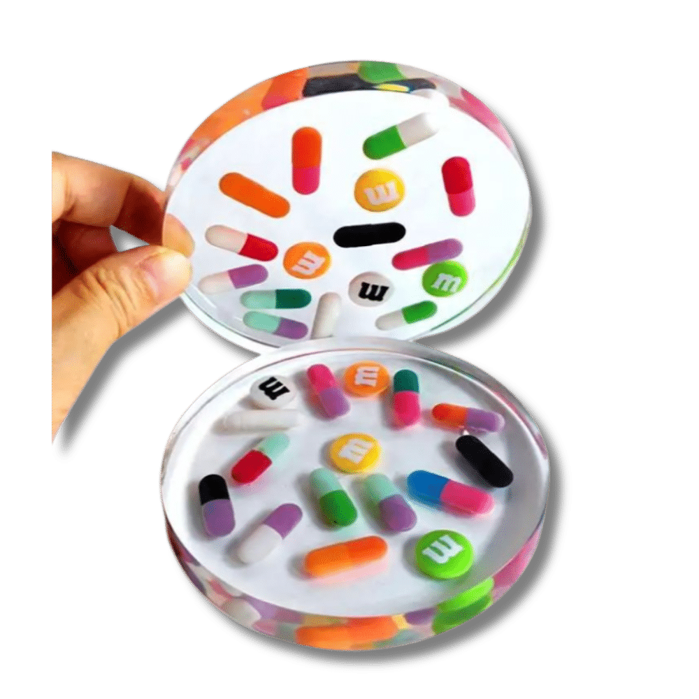 custom-resin-capsules-coasters-australia Capsules Resin Enclosed Drink Coasters