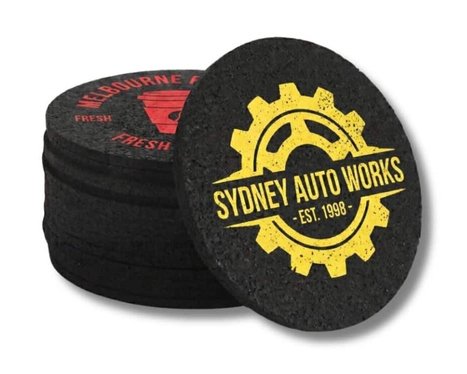 bulk-recycled-tyre-rubber-coasters Bulk recycled tyre rubber coasters with custom logo printing