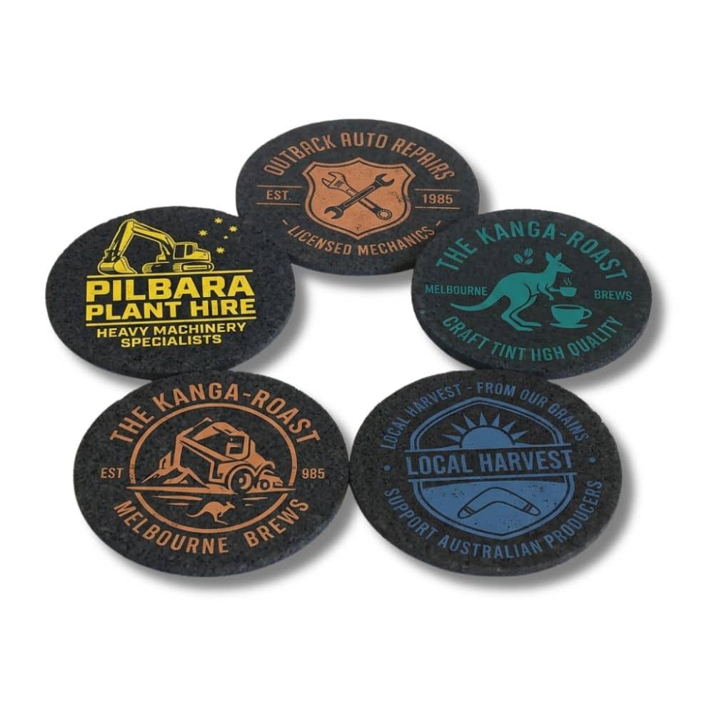 custom-recycled-tyre-rubber-coasters-samples Custom recycled tyre rubber coasters printed with colourful business logos