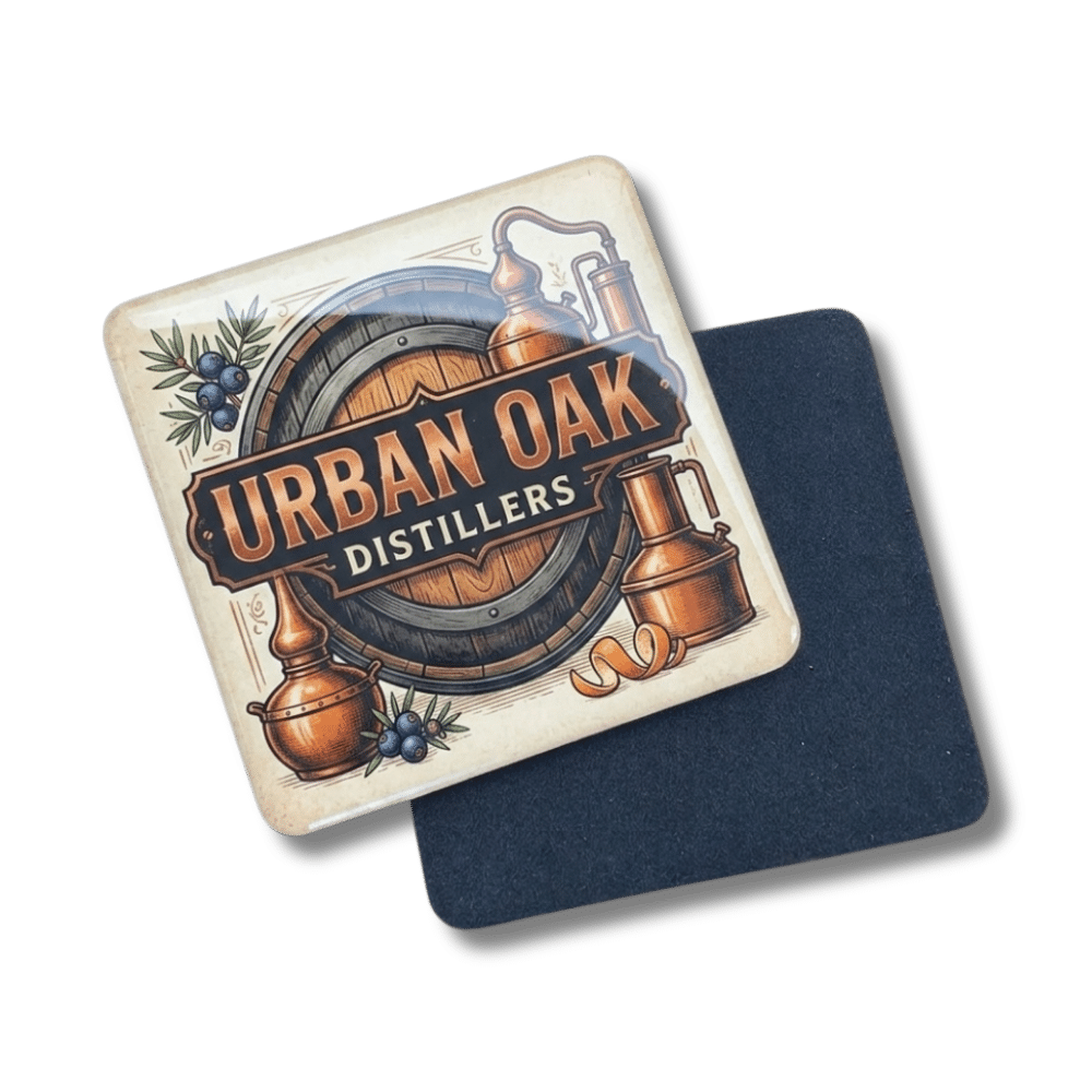 custom-resin-coaster-distillery-branding Custom resin coaster with glossy epoxy finish for branded distillery merchandise