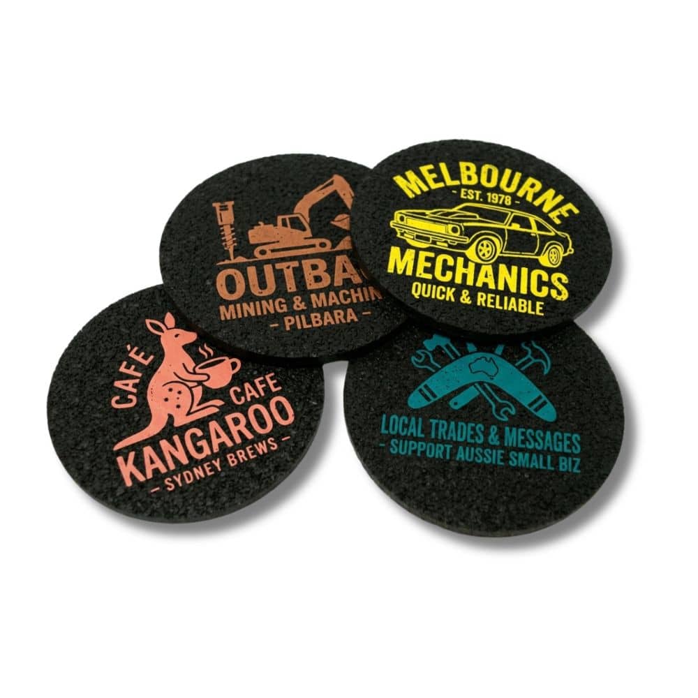 eco-friendly-rubber-coasters-australia Eco-friendly recycled rubber coasters customised with company logos