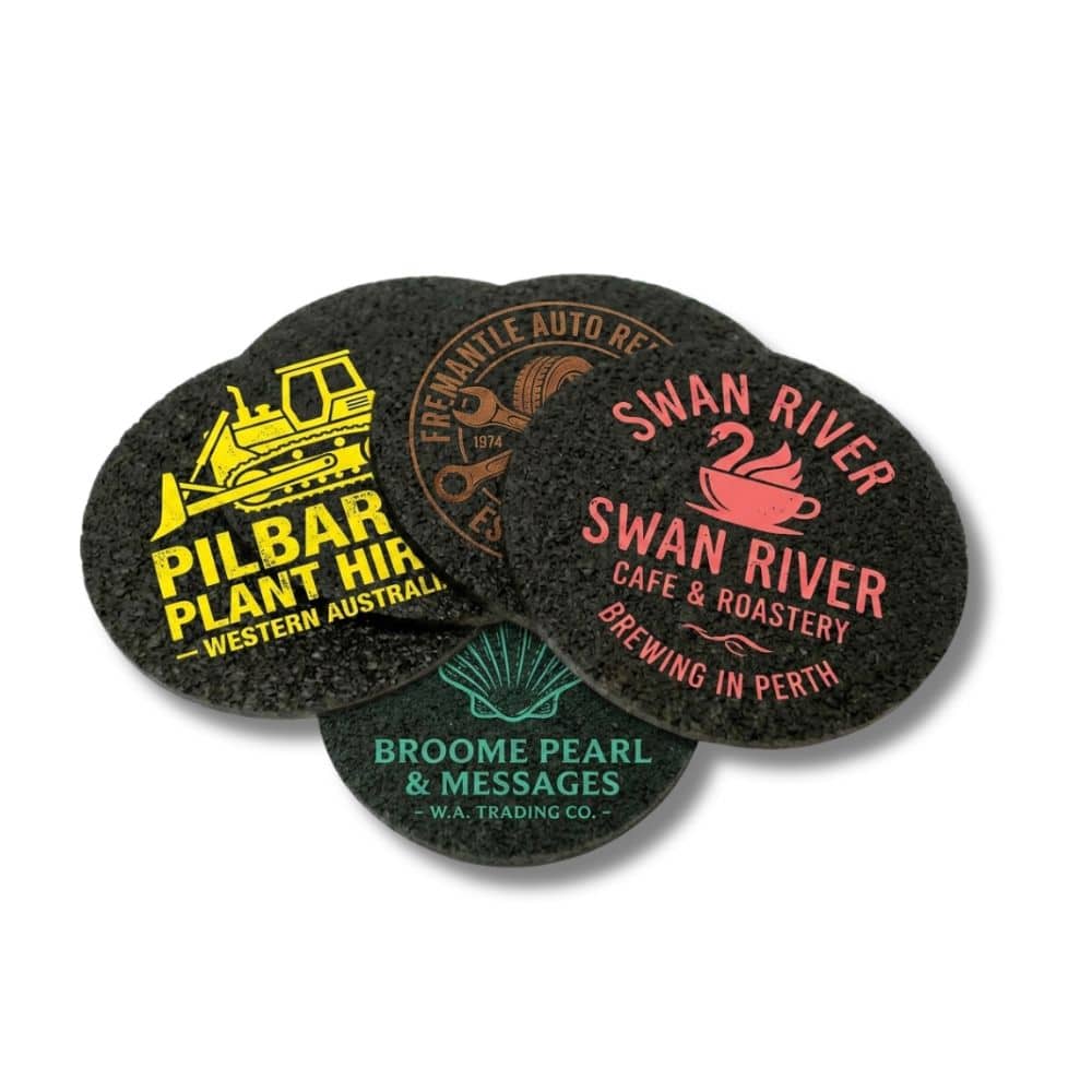 recycled-rubber-coasters-with-logo Recycled rubber coasters with printed business logos