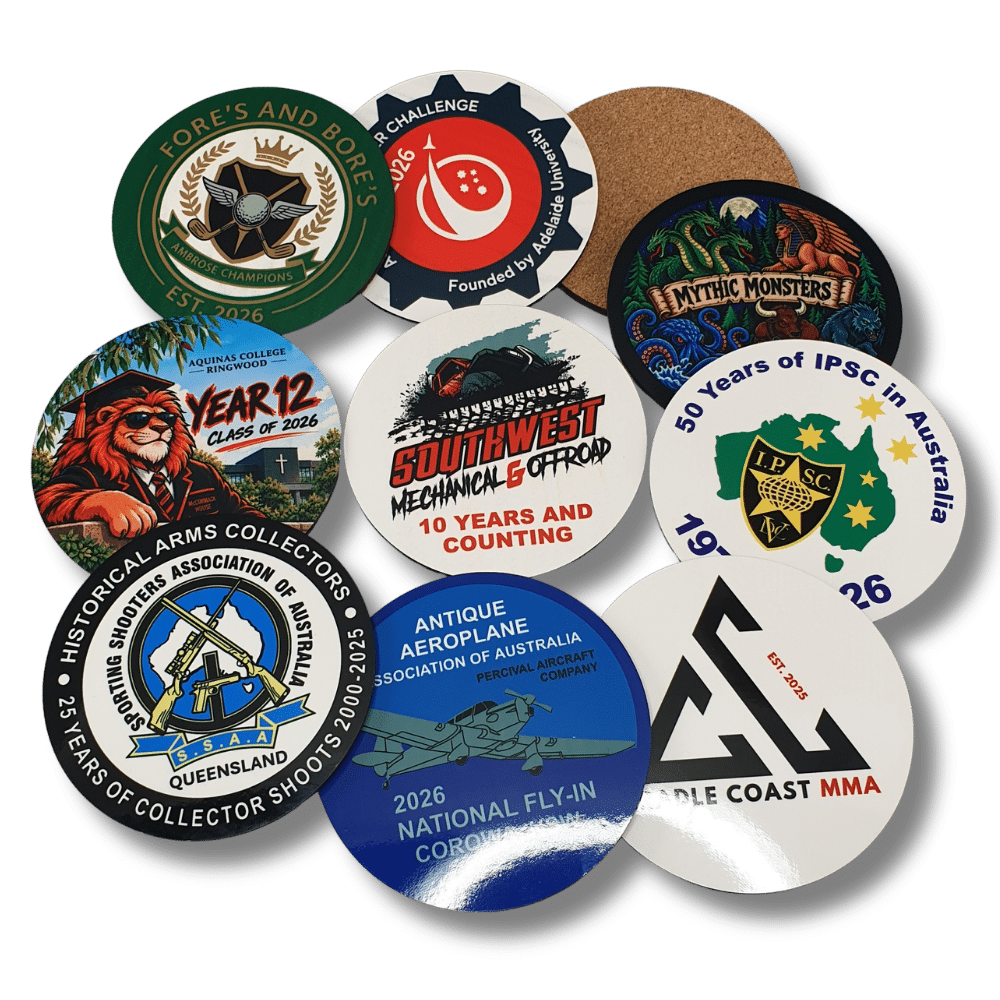 Customised-MDF-Cork-Drink-Coasters Customised MDF drink coasters with cork backing featuring full-colour printed logos for Australian clubs, schools, associations and businesses.