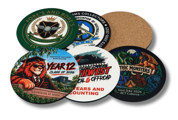 MDF-Cork-Drink-Coasters Custom printed MDF drink coasters with cork backing featuring colourful logos and designs for Australian schools, clubs and events.