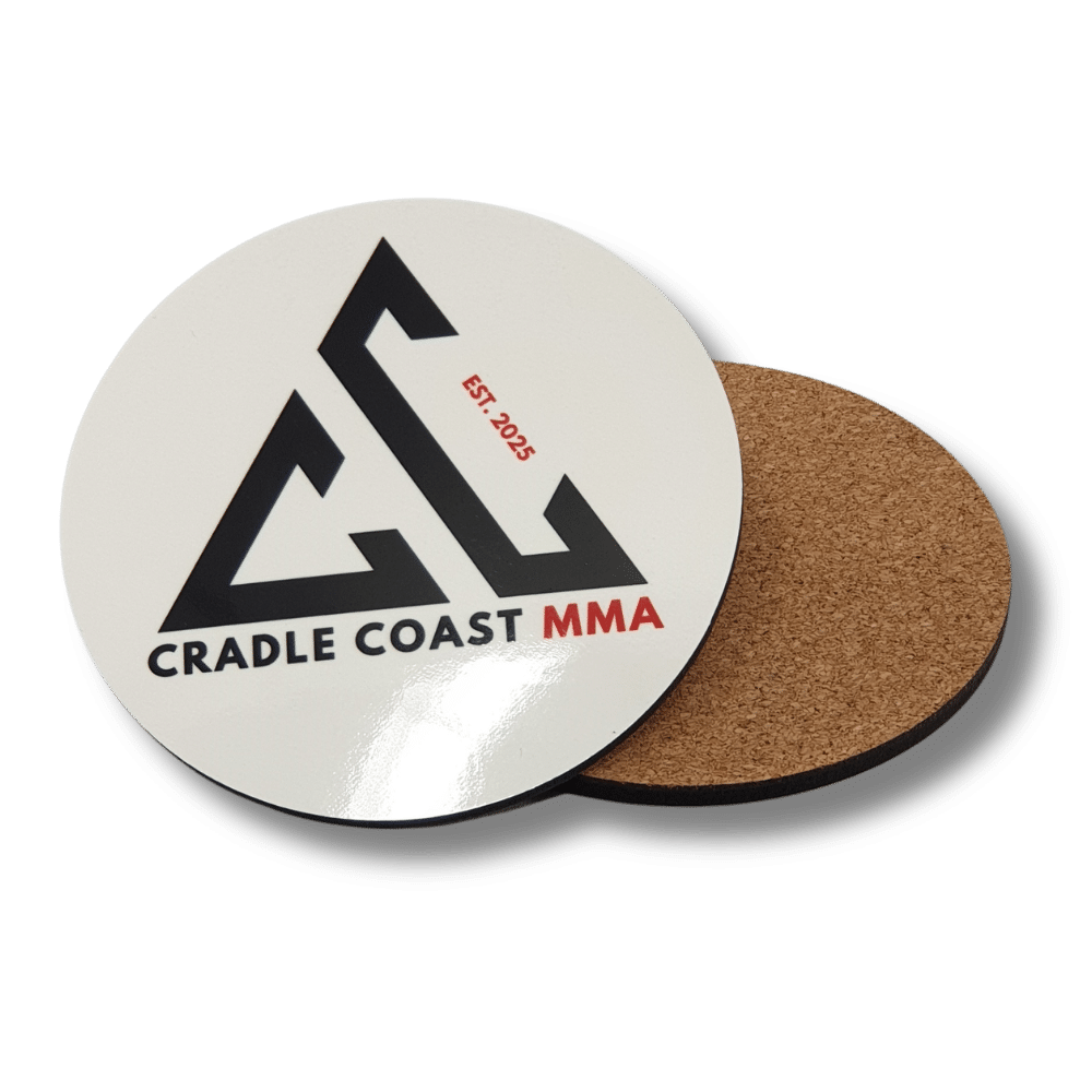 branded-mdf-cork-coasters-martial-arts-clubs Custom branded MDF drink coaster with cork backing featuring the black and red Cradle Coast MMA martial arts club logo.