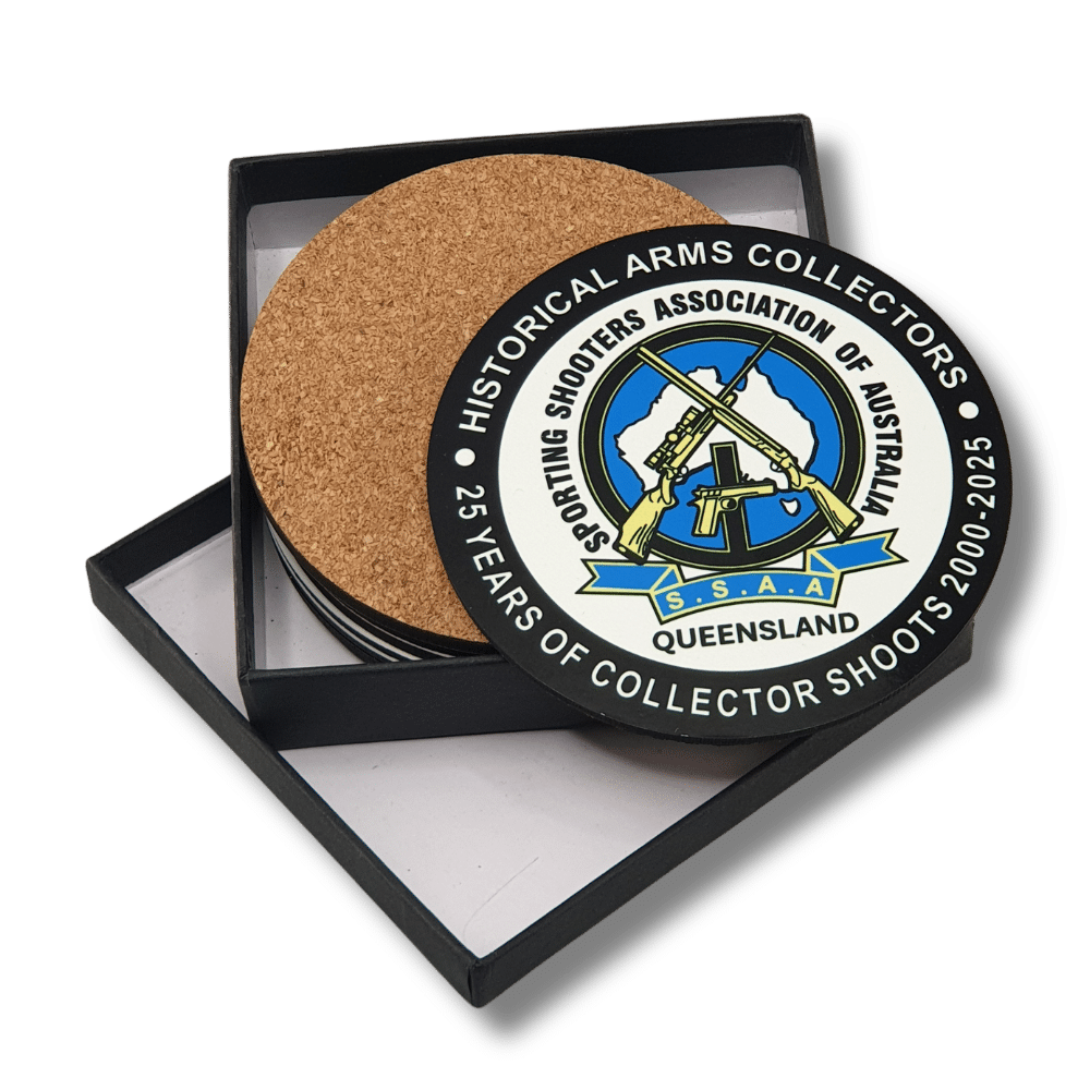 custom-mdf-cork-coaster-gift-set-association-anniversary Custom MDF and cork drink coaster gift set featuring Sporting Shooters Association of Australia Queensland 25-year commemorative artwork.