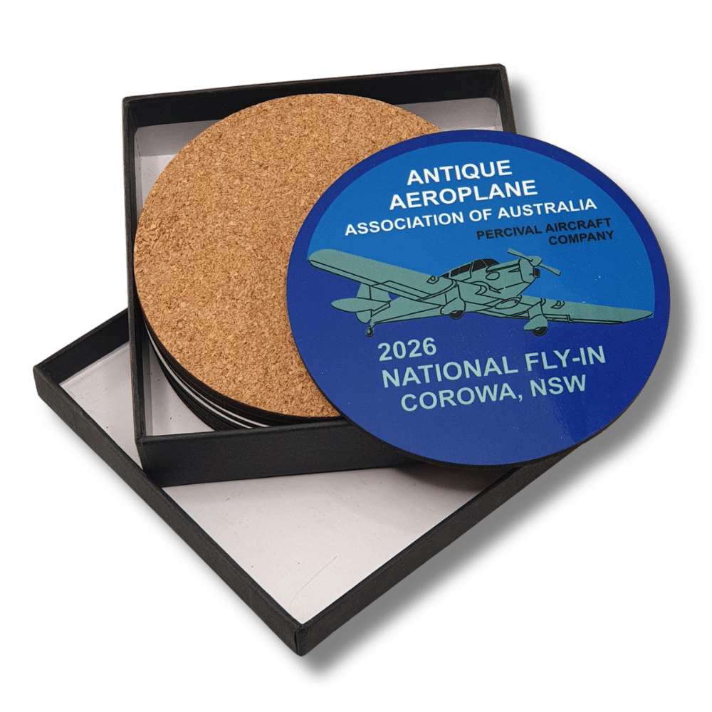 custom-mdf-cork-coaster-gift-set-aviation-club Personalised MDF and cork coaster gift set featuring Antique Aeroplane Association of Australia 2026 National Fly-In artwork.
