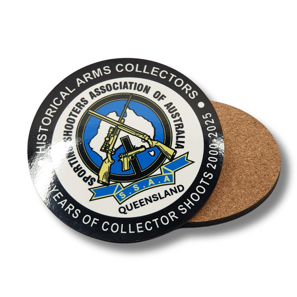 custom-mdf-cork-coasters-australian-associations Custom printed MDF drink coaster with cork backing featuring the Sporting Shooters Association of Australia commemorative logo.