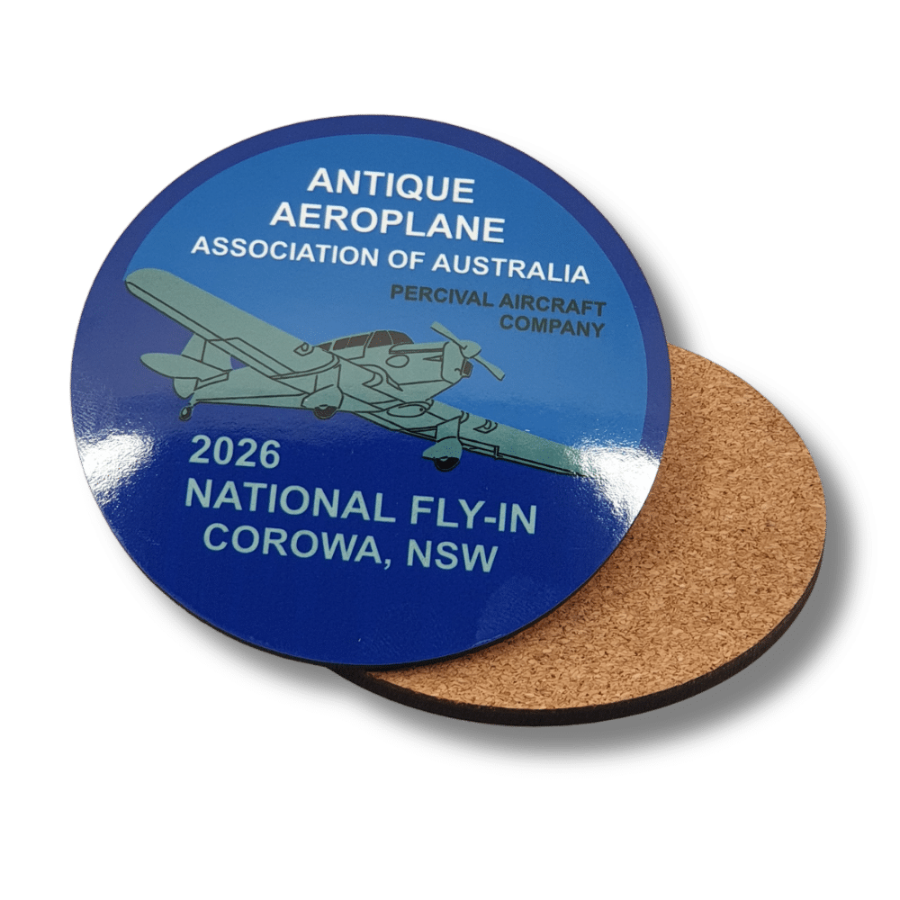 custom-mdf-cork-coasters-aviation-association Custom printed MDF drink coaster with cork backing featuring Antique Aeroplane Association of Australia 2026 National Fly-In artwork.