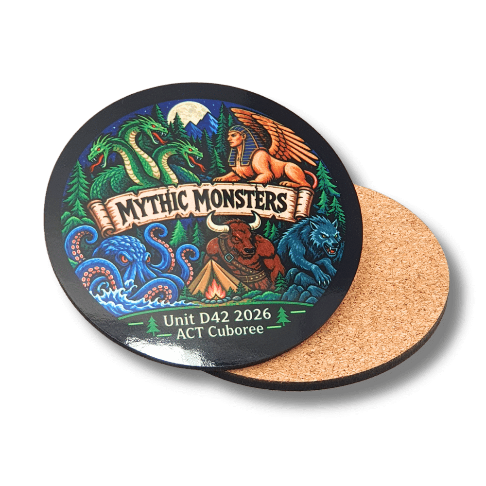 custom-mdf-cork-coasters-scout-camp-events Custom printed MDF drink coaster with cork backing featuring colourful Mythic Monsters artwork for the 2026 ACT Cuboree scout event.