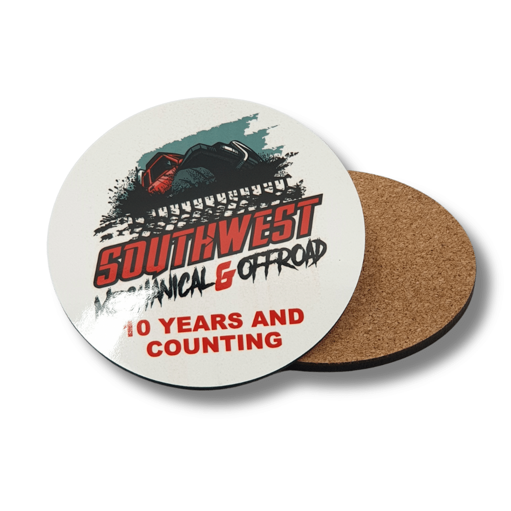 custom-printed-mdf-cork-coasters-offroad-clubs Custom printed MDF drink coaster with cork backing featuring the Southwest Mechanical and Offroad 10-year anniversary design.