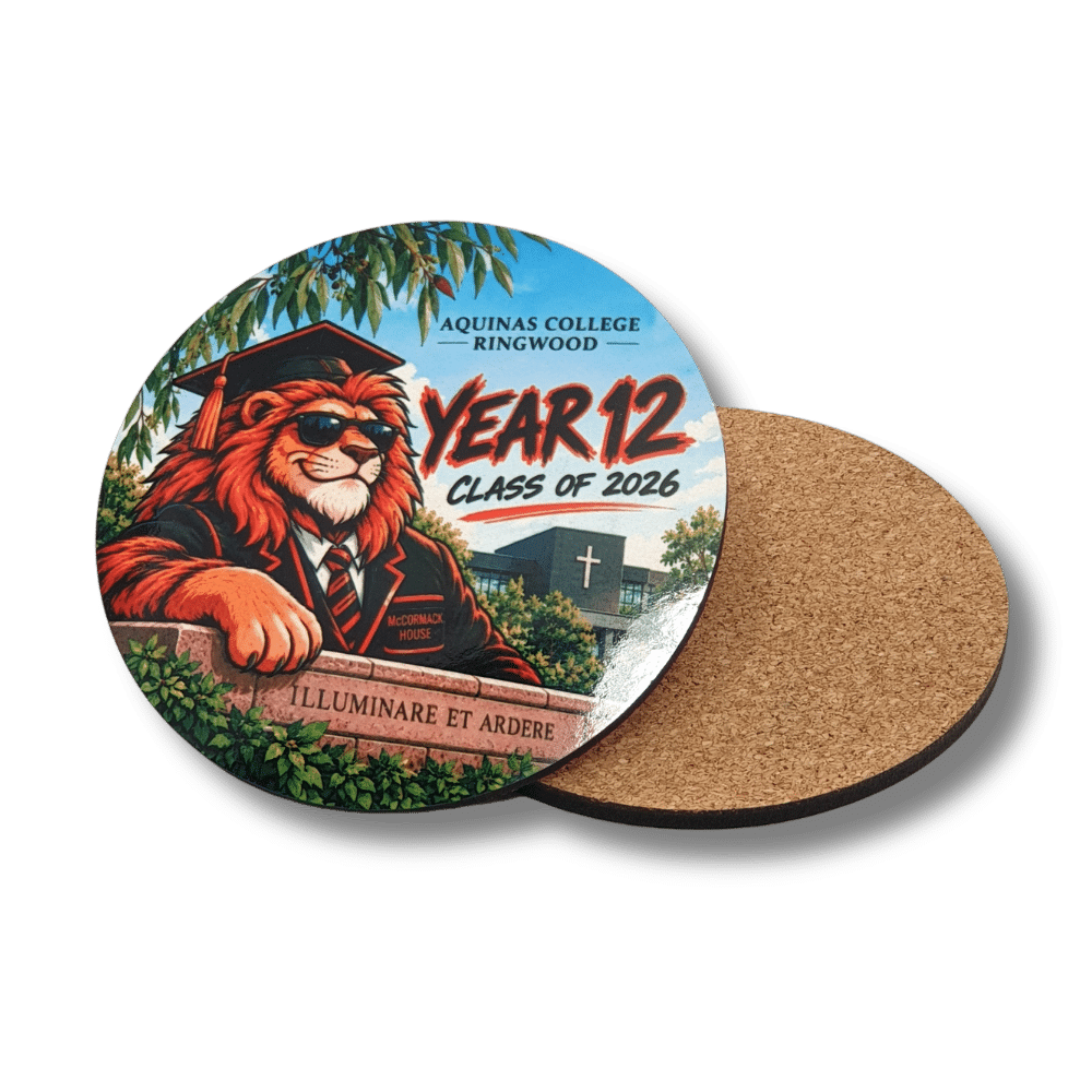 custom-printed-mdf-cork-coasters-school-graduation Custom printed MDF and cork drink coaster featuring Aquinas College Ringwood Year 12 Class of 2026 graduation artwork.
