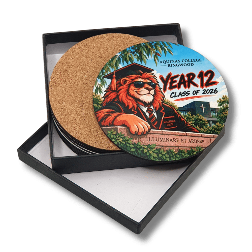 personalised-mdf-cork-coaster-gift-set-school-graduation Personalised MDF and cork coaster gift set featuring Aquinas College Ringwood Year 12 Class of 2026 graduation artwork.